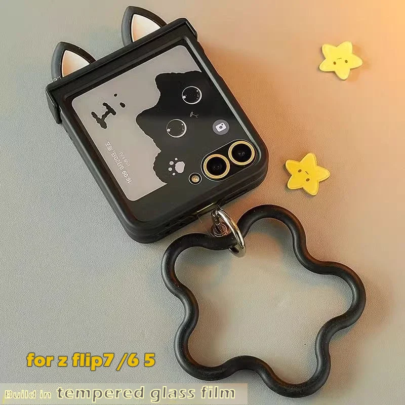 

For Samsung z flip7 Case Cute 3d animal ears phone case for samsung z flip 6 7 zflip5 hard cover build in tempered glass film