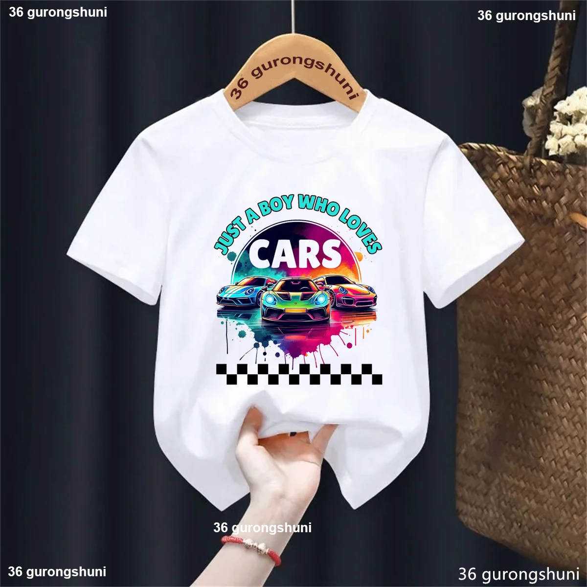 Just A Boy Who Loves Cars Printed T-Shirt Boys Watercolor Kids Clothes Summer Short Sleeve White/Black/Blue/Grey T-Shirt