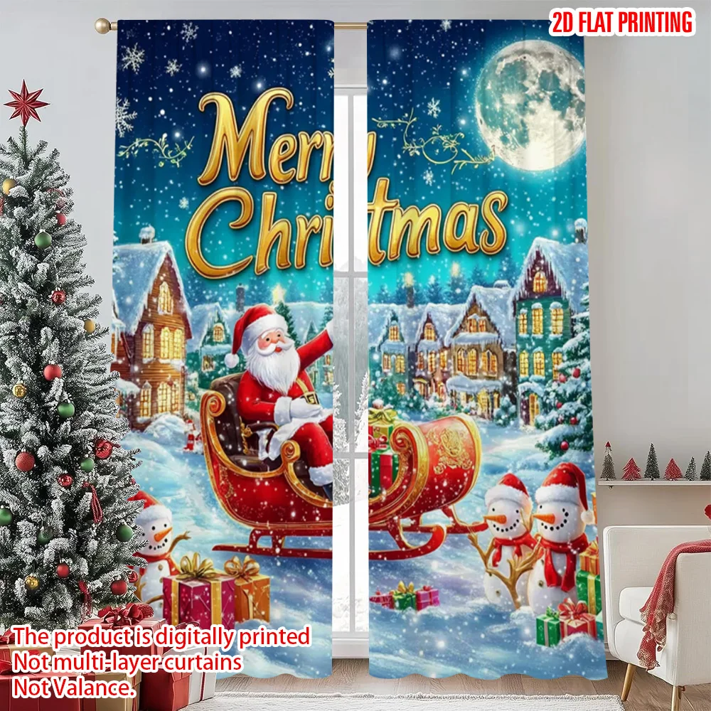 

2pcs 2D flat printing Christmas Curtains Winter Santa Claus sleigh reindeer village Fabric Without Electricity Versatile Perfect