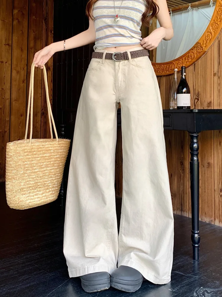 

Женские джинсы с низкой посадкой в американском ретро-стиле, свободные, прямого кроя, цвета абрикос, весенние, повседневные, из хлопкового денима, с высокой талией