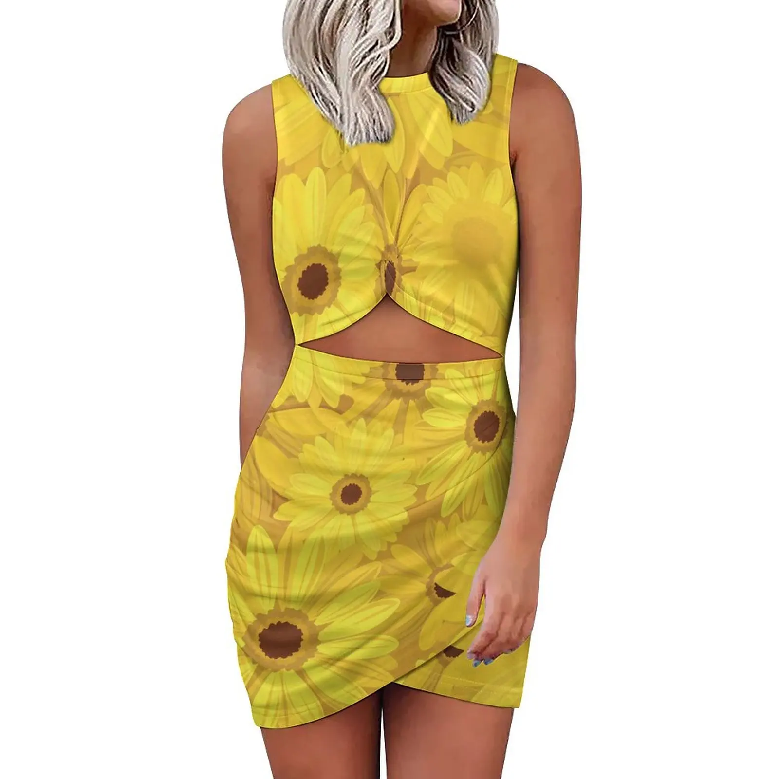 

Sunflower Print Dress Female Yellow Gerbera Flowers Stylish Bodycon Dress Summer Sleeveless Night Club Dresses Big Size Vestido