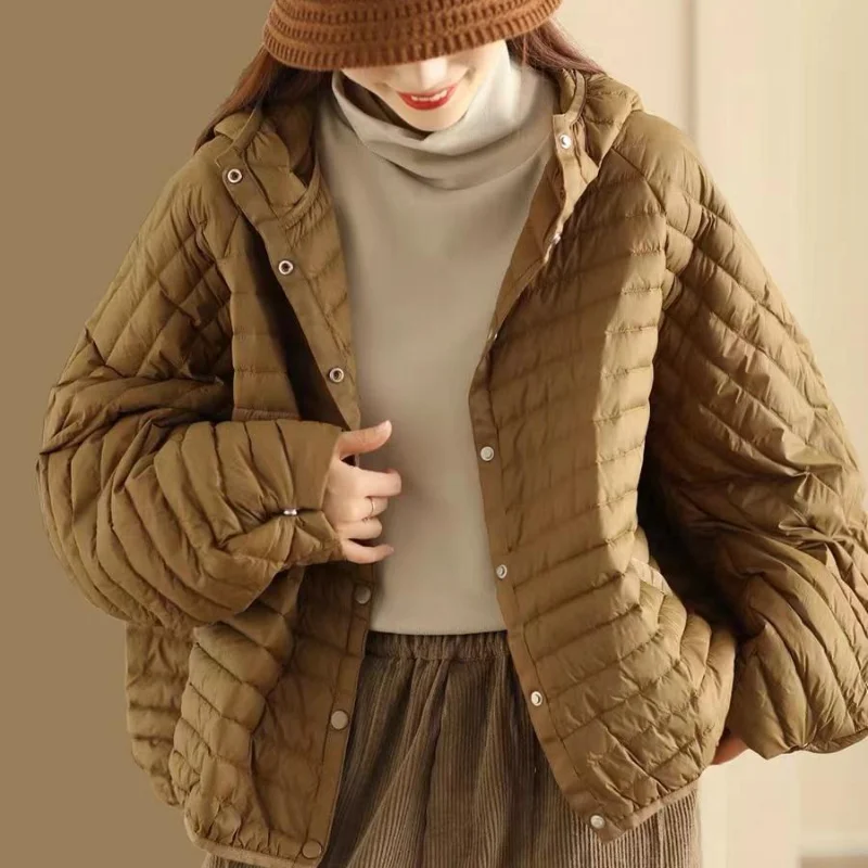 

Hooded Down Jackets Short Winter Coat Female Lightweight Quilted Puffer Coats Solid Retro Bread Clothing Warm Loose Outerwear