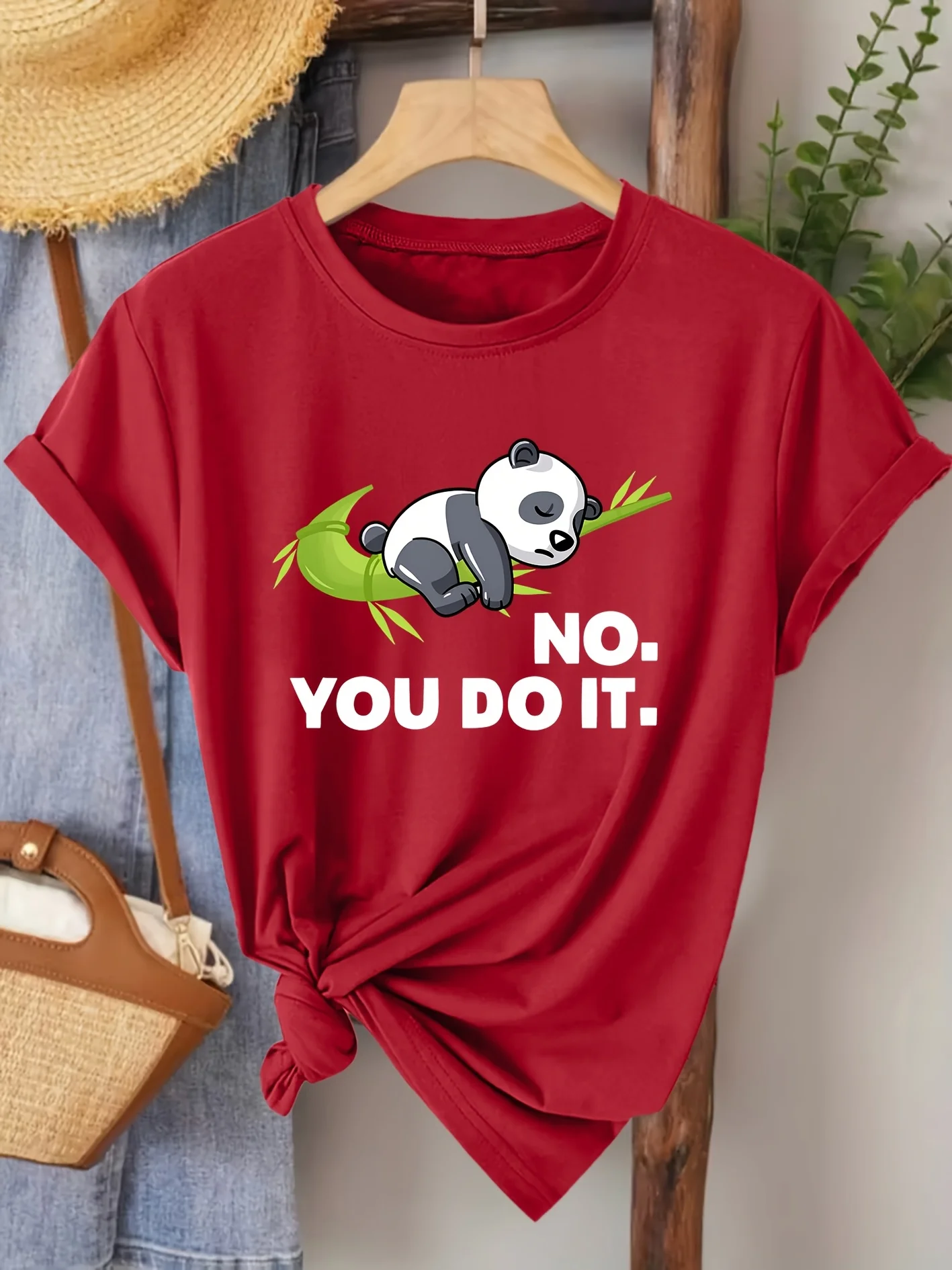 Ladies' Summer Clothing Lazy Panda NO YOU DO IT Fun Printed Round Neck T-shirt Fashionable Vacation Daily Fashion Retro Top