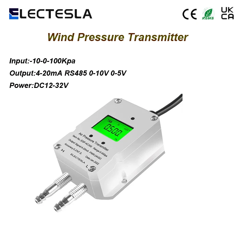 LCD Air Pressure Sensor Digital Wind Differential Pressure Transmitter 4-20mA Output -50-0-100Kpa Gas Pressure Transmitter DC24V