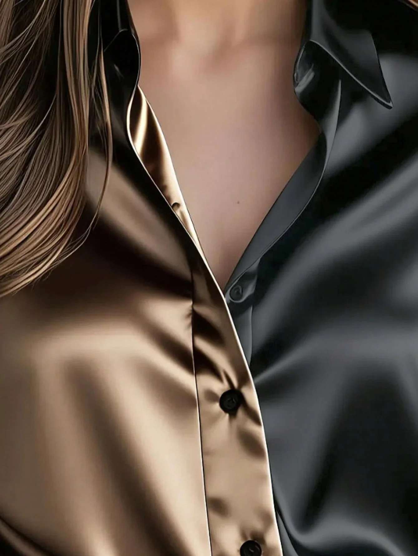 

Women's Satin Button Front Colorblock Elegant Long Sleeve Shirt For Office Holiday Daily Wear