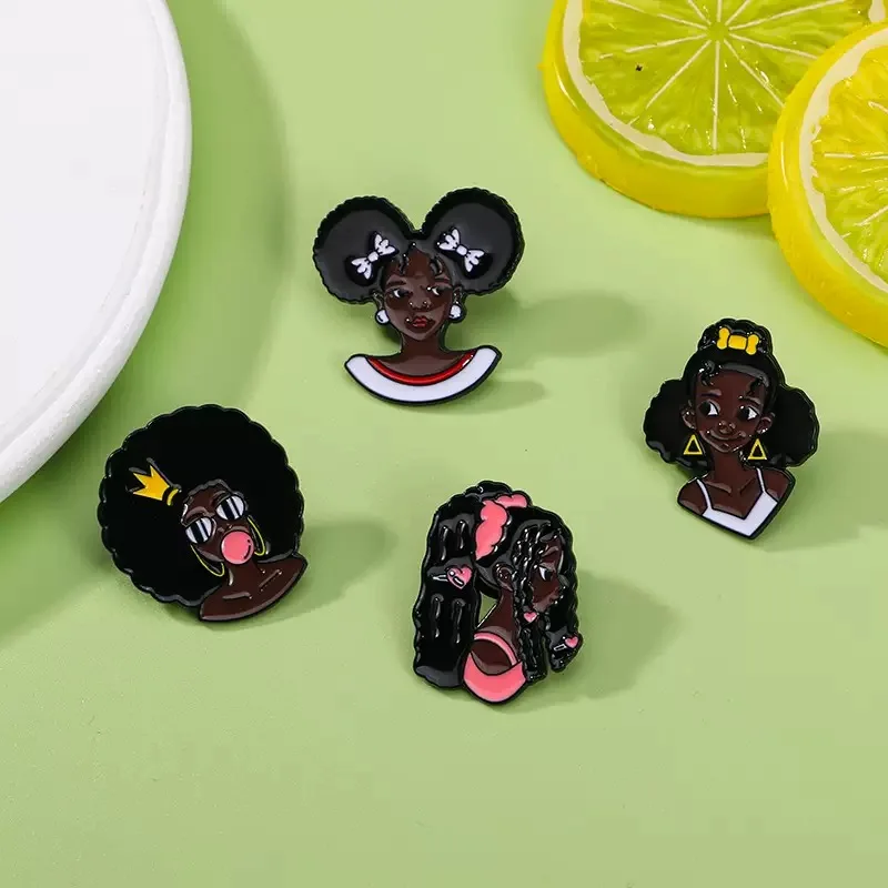 

Black girl cartoon character hip-hop style clothes, hat, backpack, hat accessories, brooch, badge, gift