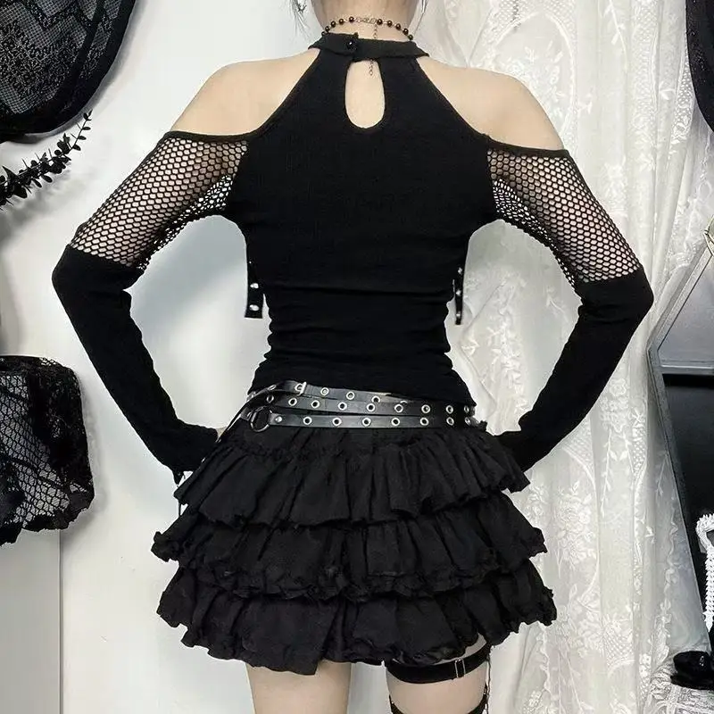 Open Shoulder T-Shirt Goth Dark Punk Grunge Fishnet Trim Corn Strap Halter Tops Kpop Streetwear Gothic Clothes Hollow Tshirt