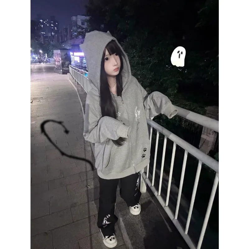 Y2k سويت شيرت بقلنسوة على شكل آذان قطة ثنائي الأبعاد بأكمام طويلة للنساء سترة بسحاب للخريف والشتاء