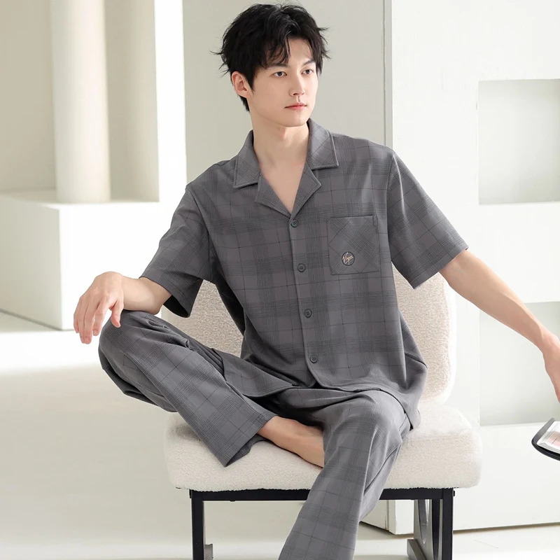 2026 Summer 100% Cotton Short Sleeve Long Pants Pajama Sets for Men Korean Casual Plaid Sleepwear Pyjama Homewear Home Clothes