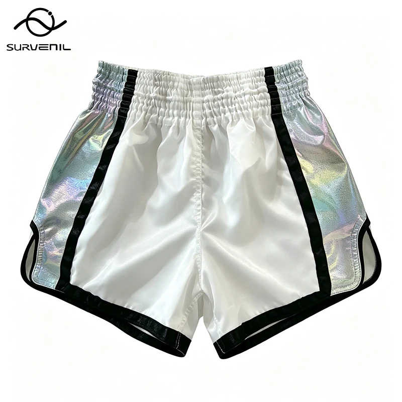 Traditional Thai Boxing Shorts with Embroidery Shiny Satin Muay Thai Fight Shorts Loose Fit Kickboxing Training Shorts Adult Kid