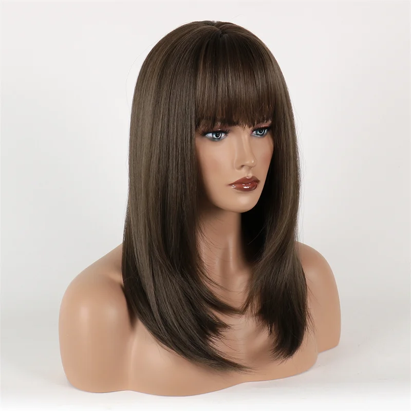 Midum Long Wedding Wig Sythetic Straigt Hair Neat Bangs  Cosplay for Girl