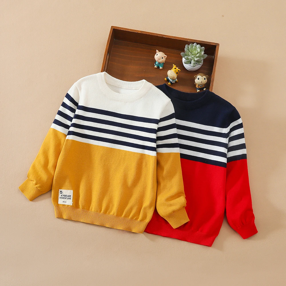 Boys Long Sleeves Sweater Kids Warm Cotton Knitted Clothing Long Sleeve Round Collar Striped Pullover Sweatshirt