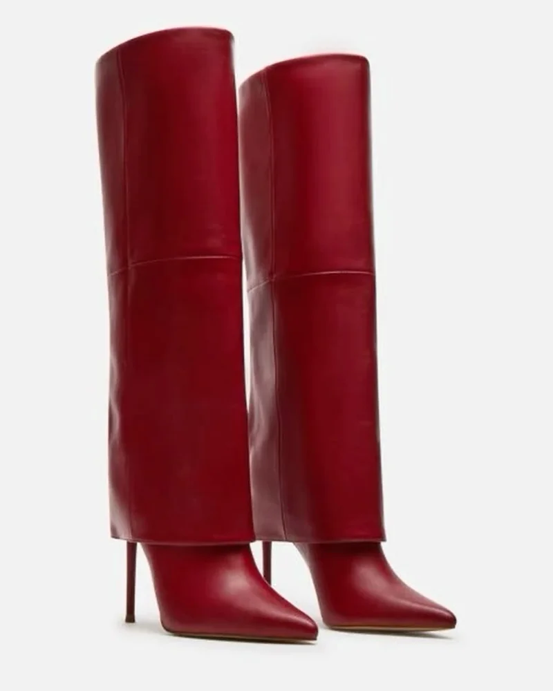 Red Faux Leather Pointed-Toe Stiletto Knee-High Boots Sleek Silhouette Minimalist Design Footwear for Elevated Fashion Looks