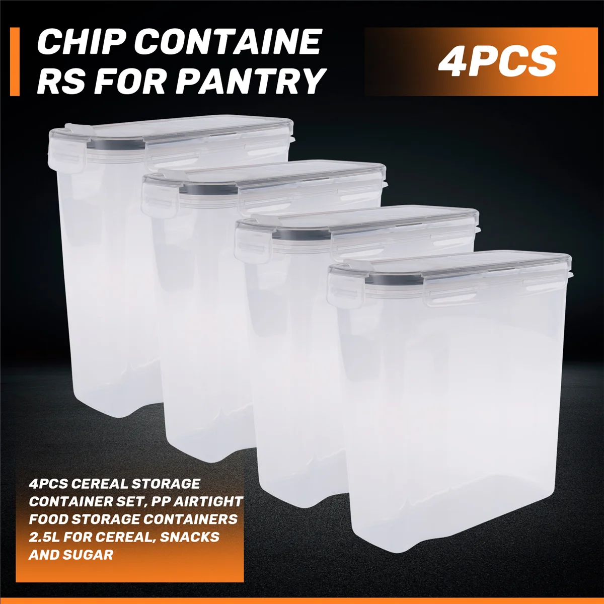 مجموعة حاويات تخزين الحبوب المكونة من 4 قطع، حاويات تخزين الطعام محكمة الغلق PP سعة 2.5 لتر للحبوب والوجبات الخفيفة والسكر