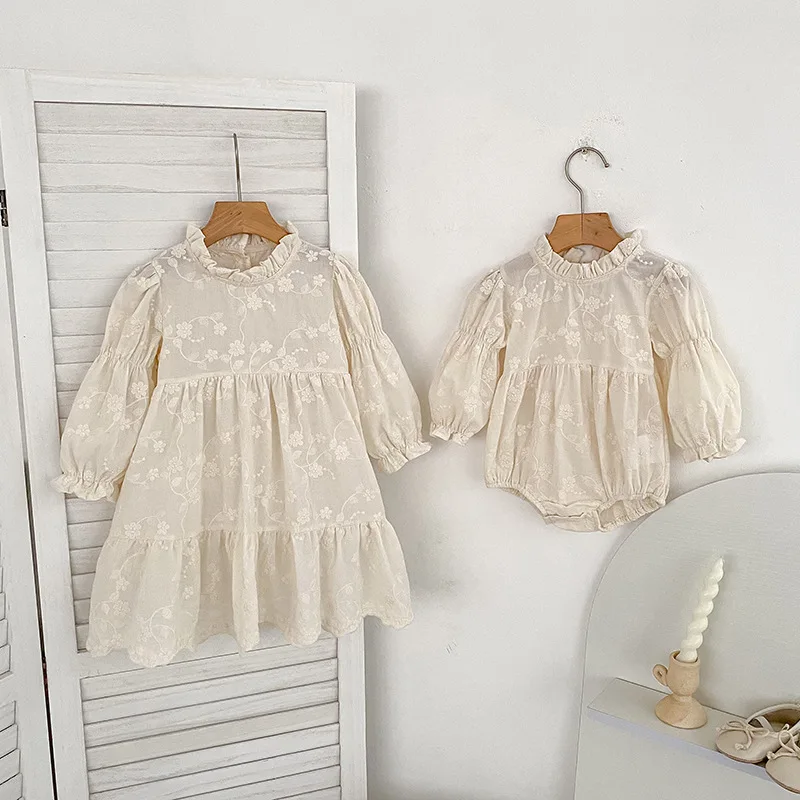 

2025 New Korean Style Baby Romper + Toddler Princess Dress Embroidered Floral Lace Birthday Siblings Outfit Infant Romper 0-7Y