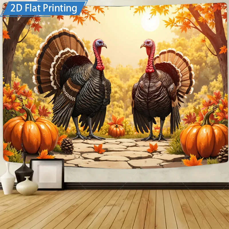 [2D FLAT] 1pc 4x16inch Metal Sign Fall Turkey Scene Metal Wall Art 2D Printed Autumn Pumpkin Forest Decor for Home