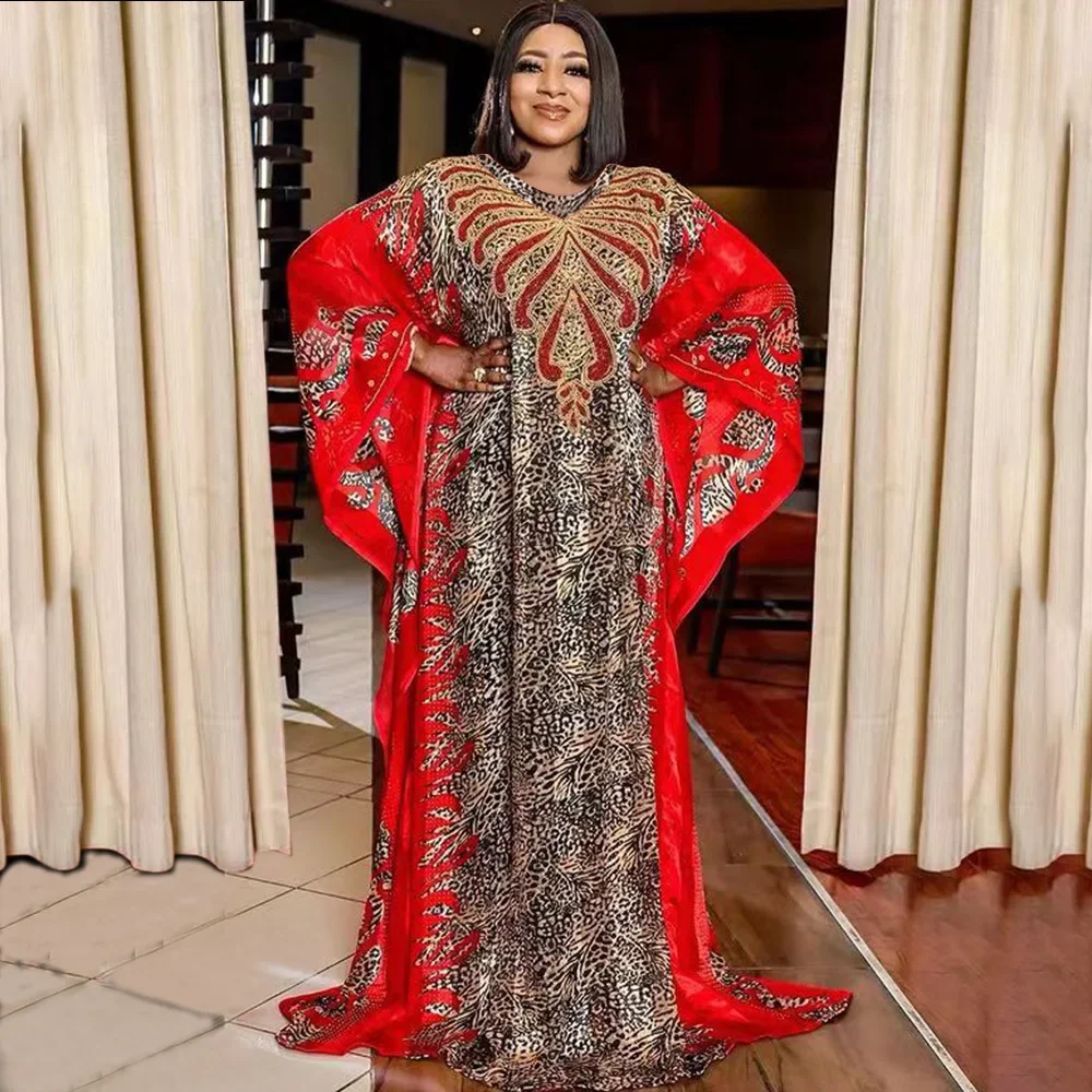 

African National Dress for Women Digital Printing Chiffon Robe Batwing Sleeve Vintage Maxi Dresses Sparkling Diamond Party Gown