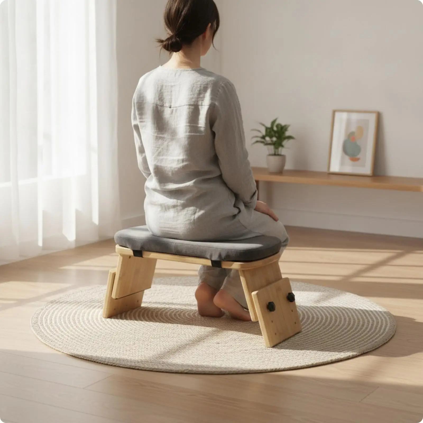 Ergonomic Adjustable Yoga Stool Bamboo Kneeling Bench with Cushion for Mindfulness and Prayer