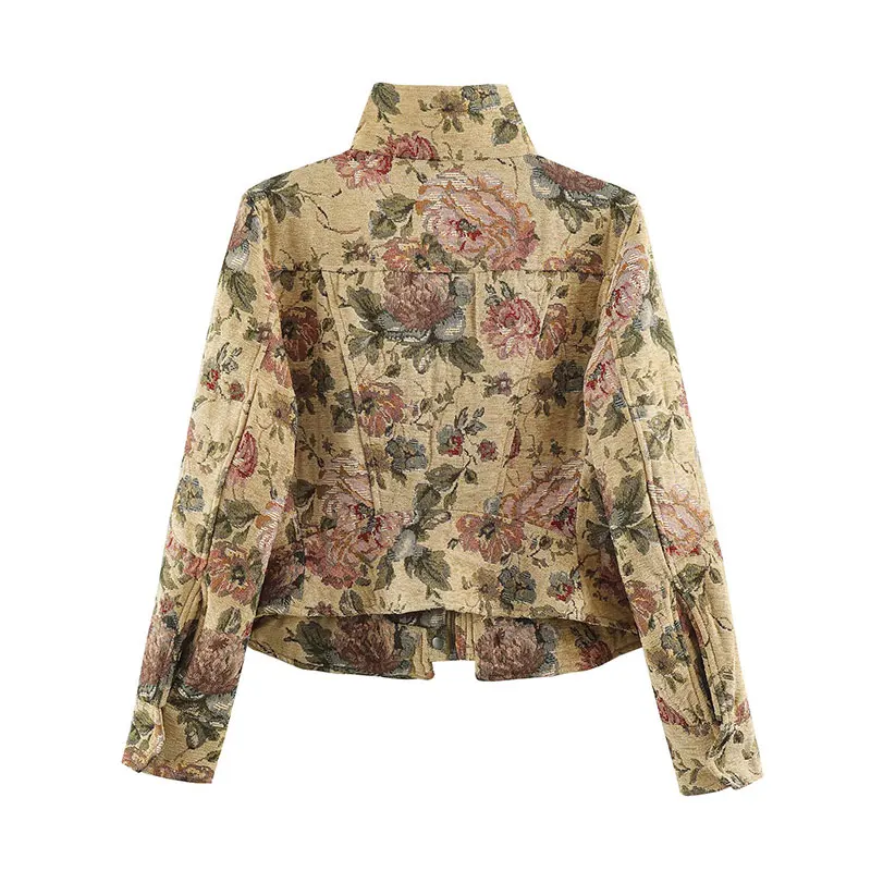 Nlzgmsj 2026 Autumn Women Vintage Floral Print Jacket Stand Collar Coat Long Sleeve Casual Short Outerwear