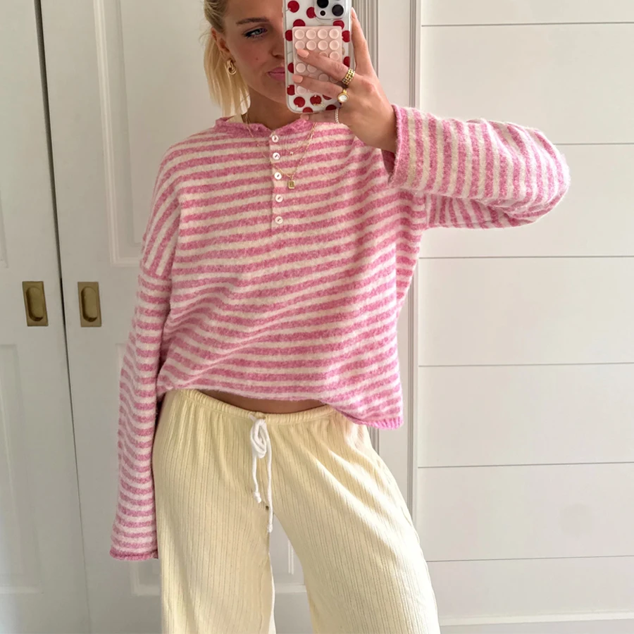

Fashion Loose Knitted Pullovers Autumn Round Neck Women Striped Sweater 2025 Long Sleeve Knitwears Female Basic Casual Jumper