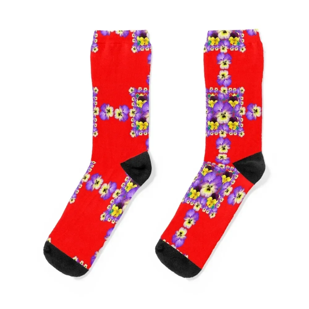 RED COLOR ART PURPLE-YELLOW PANSY GARDEN PATTERN Socks Climbing Rugby Hiking boots Socks Men Women's