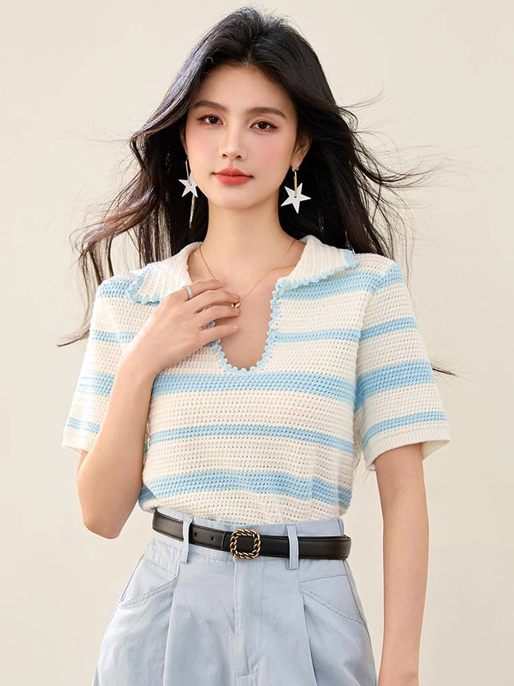 Zomer nieuwe Koreaanse gestreepte T-shirts met korte mouwen Trui Design Sense Niche Casual mode POLO Shirt Tee Office Lady Top