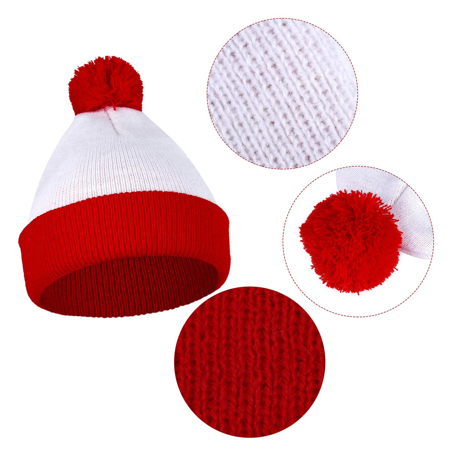 3 Pieces Red White Beanie Hat Costume Accessory Set with Knitted Pom Pom Beanie Hats Round Costume Glasses