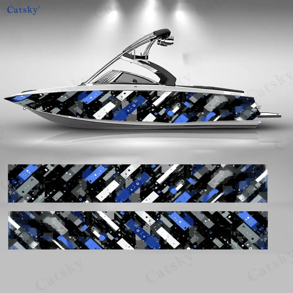 2Pcs Tech Matrix Blue & White Boat Stickers, PVC Waterproof Vinyl Wrap Decals for Fishing Boats, Durable and Stylish Design