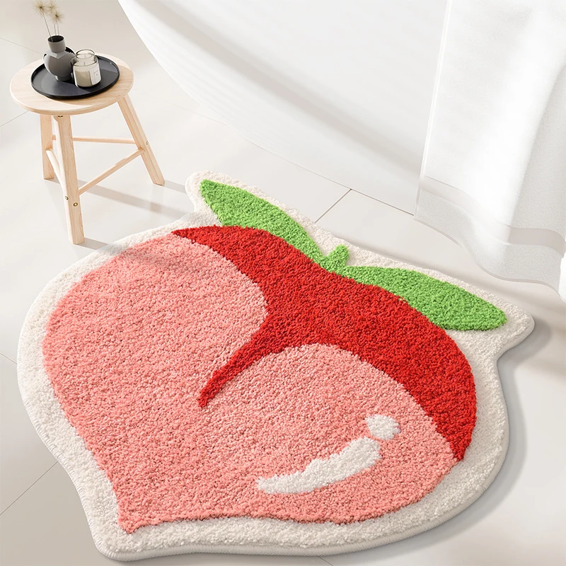 Strawberry Bathroom Rug Absorbent Non-Slip Cherry Peach Fruit Shaped Doormat Bathtub Plush Shower Rug Washable Home Decor Carpet