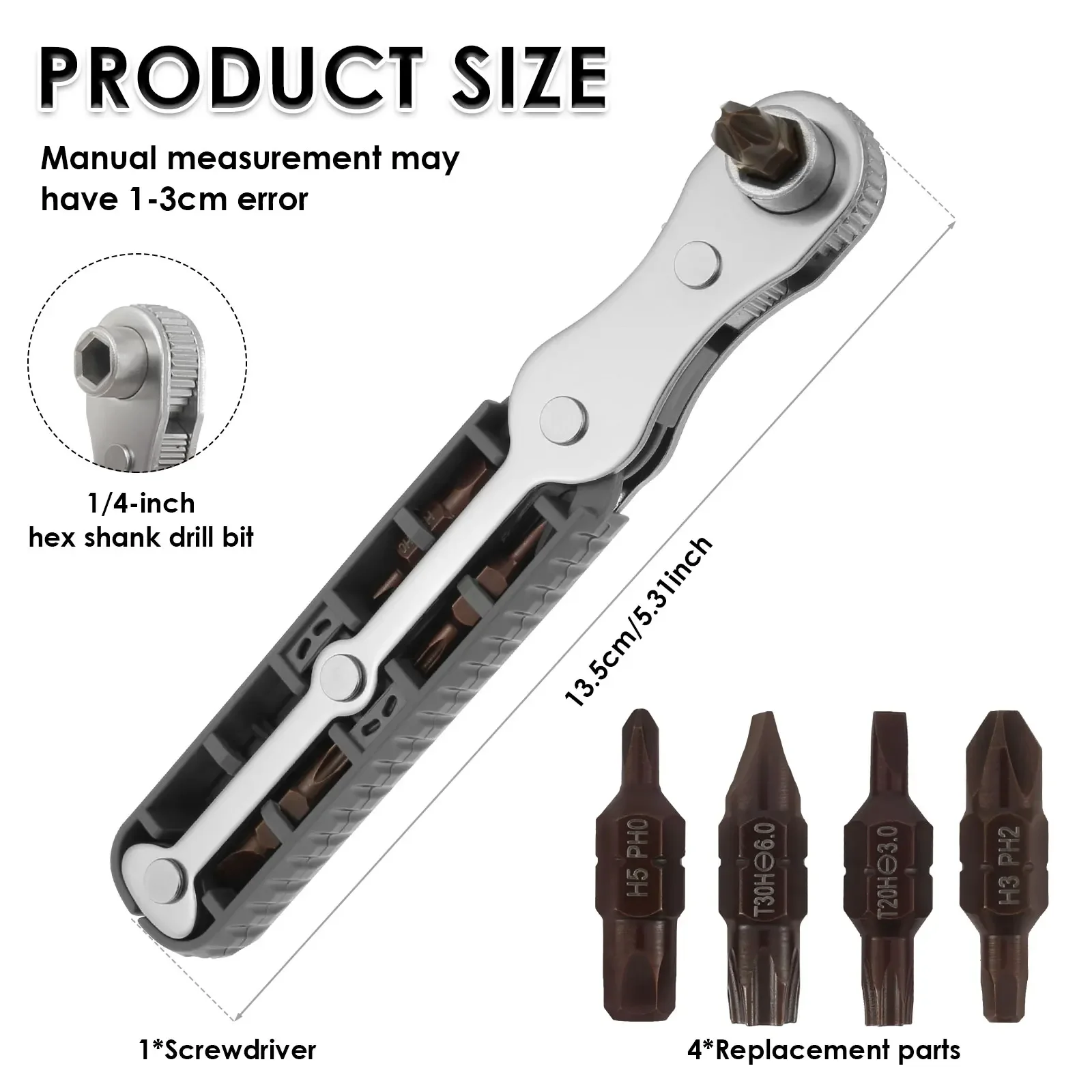 Bidirectional Ratchet Screwdriver with 4 Drill Bit Multifunctional Mini Ratchet Wrench Portable Ratchet Screwdriver Hand Tool