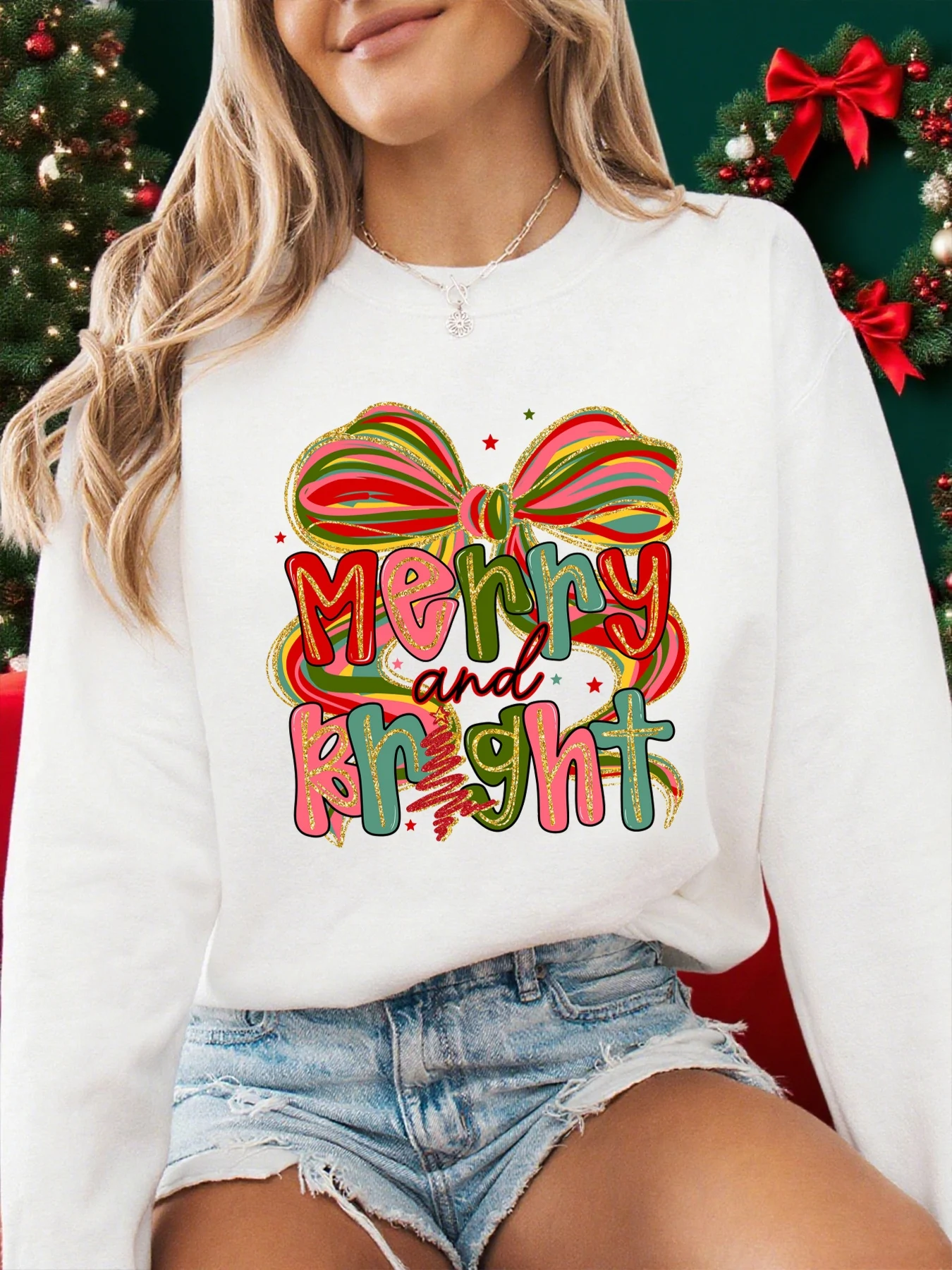 Świąteczna bluza damska z nadrukiem kokardek, wygodna, codzienna, modna, polarowa, luźna, streetwearowa, ciepła na zimę, odzież sportowa.