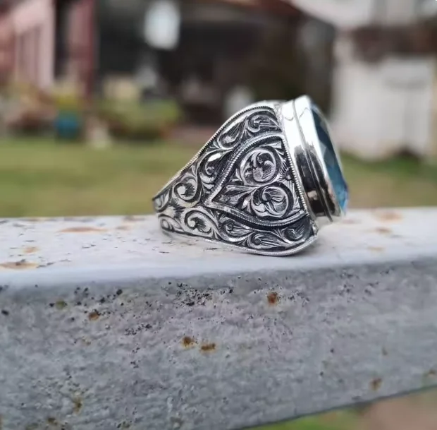 خاتم عتيق مصنوع يدويًا من المعدن العثماني من Türkei Hand Ingelegten Blauer Stein Kristall Herren خاتم عمل