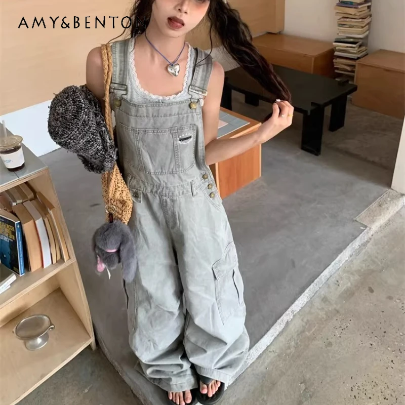 

American Retro Design Gray Workwear Large Pocket Women's Jumpsuits 2026 Spring New Loose Sweet Cool Wide Leg Trousers Ladies