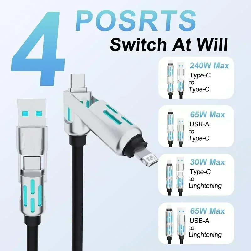 4-in-1 Multi USB Charging Cable 4ft (Lightning/Type C/USB A) - Max 240W Fast Charge & Data Sync, Breathing Light for Mobile