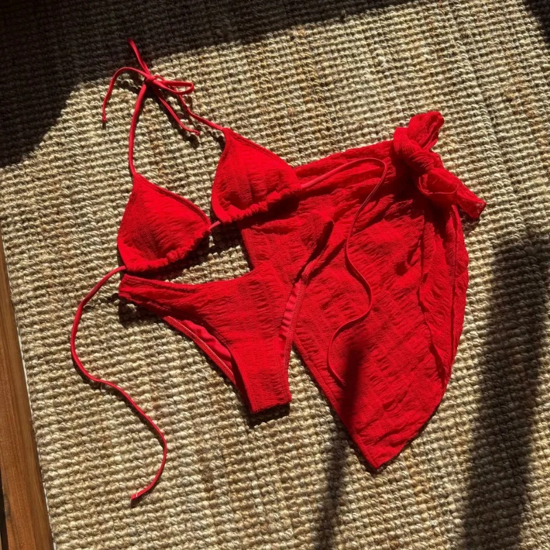 3-teiliger, strukturierter, hoch geschnittener Neckholder-Triangel-Bikini-Badeanzug für Damen mit Überzug