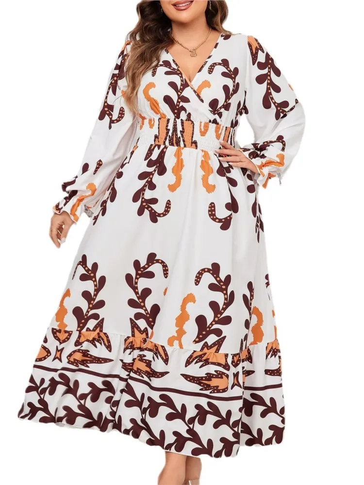 Plus Size Autumn Floral Print Midi Dress Women Loose Ruffle Pleated Fashion Slim Waist Ladies Dresses Casual Woman V-Neck Dress