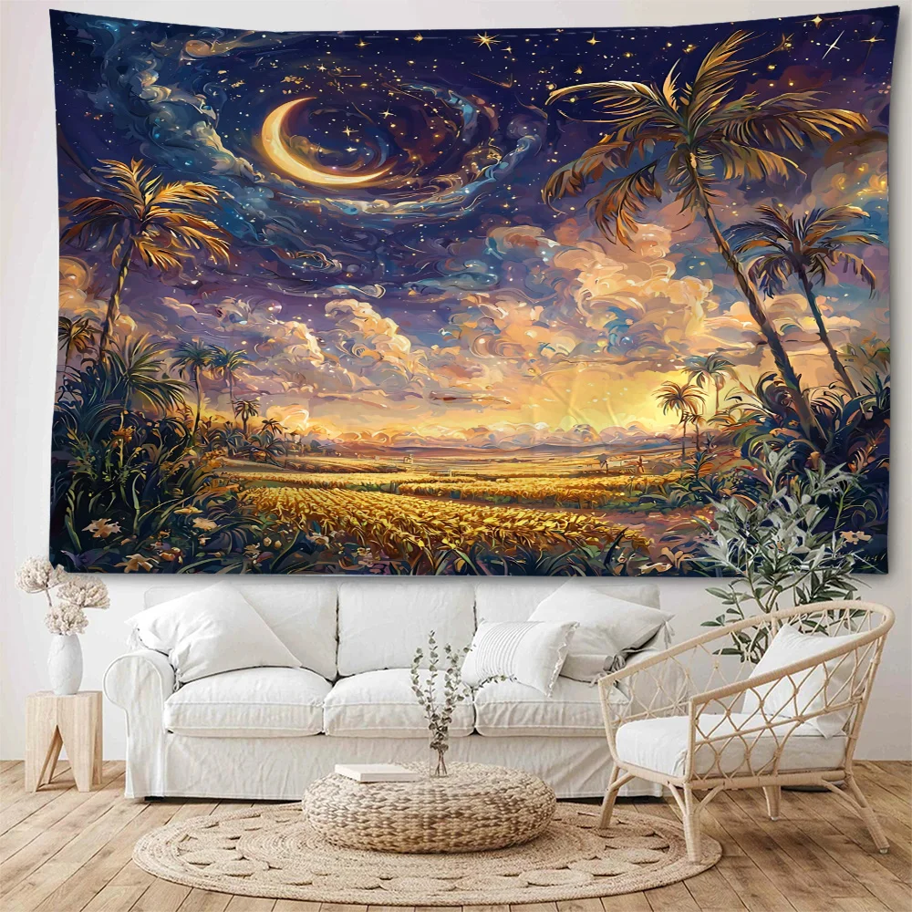 Under the moonlight, forest scenery, forest paths, tropical rainforest scenery, illustrations, decorations, tapestries, home dec