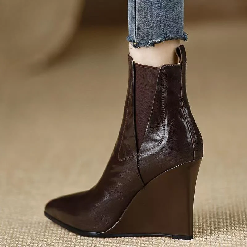 Wedge Heel Booties Fall New Pointed Toe Side Zipper Soft Sole Non-Slip Wear-Resistant High Heels