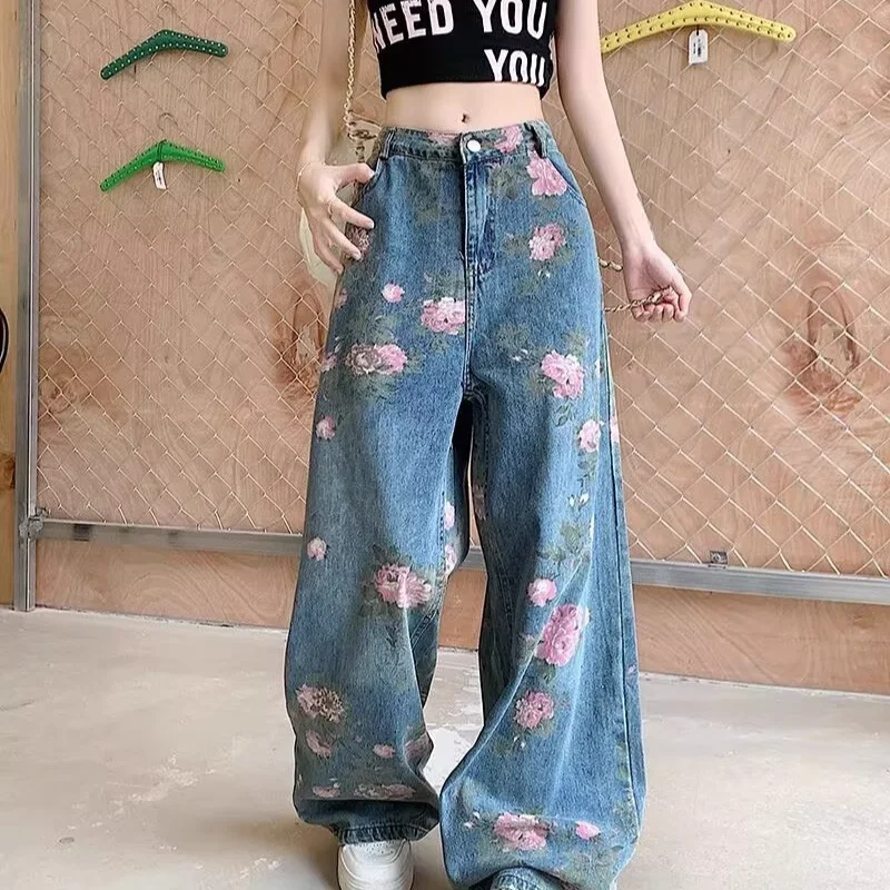 กางเกงยีนส์ลําลองพิมพ์ลายดอกไม้โบราณกางเกงยีนส์ขากว้างสไตล์อินเทรนด์ใหม่