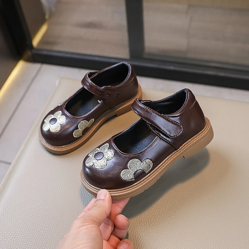 2024 Spring Autumn New Girls PU Leather Shoes Little Kids Fashion Princess Flats Korean Embroidered Flower Leisure Baby Footwear
