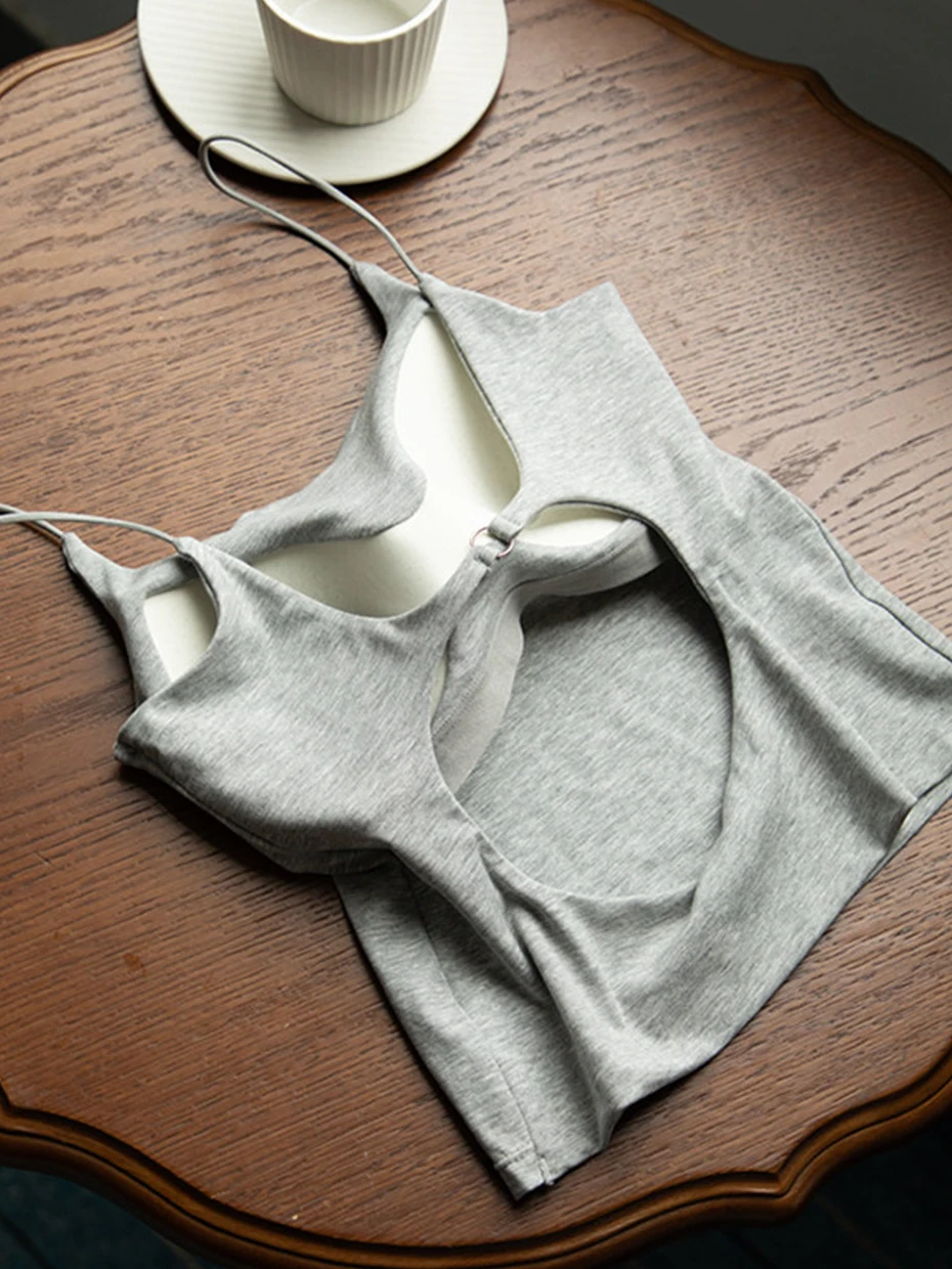 Women's Hollow out  Strap Vest Inner Wear Summer Top with Chest Pad Beautiful Back Bra Integrated Bottom Bared Back Shirt