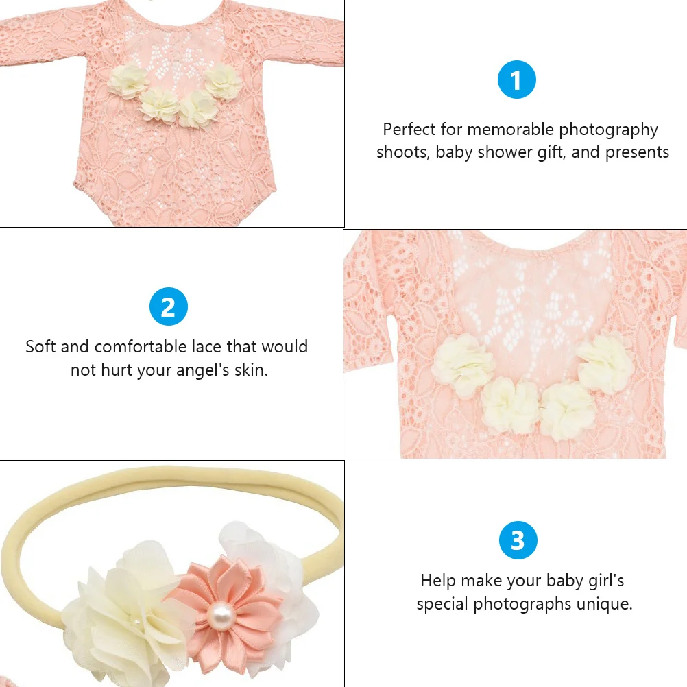 

1Set Newborn Baby Lace Romper Headband Pink Bodysuit Outfits Summer Onesie Photography Props Baby Shower Gift Infant Rompers