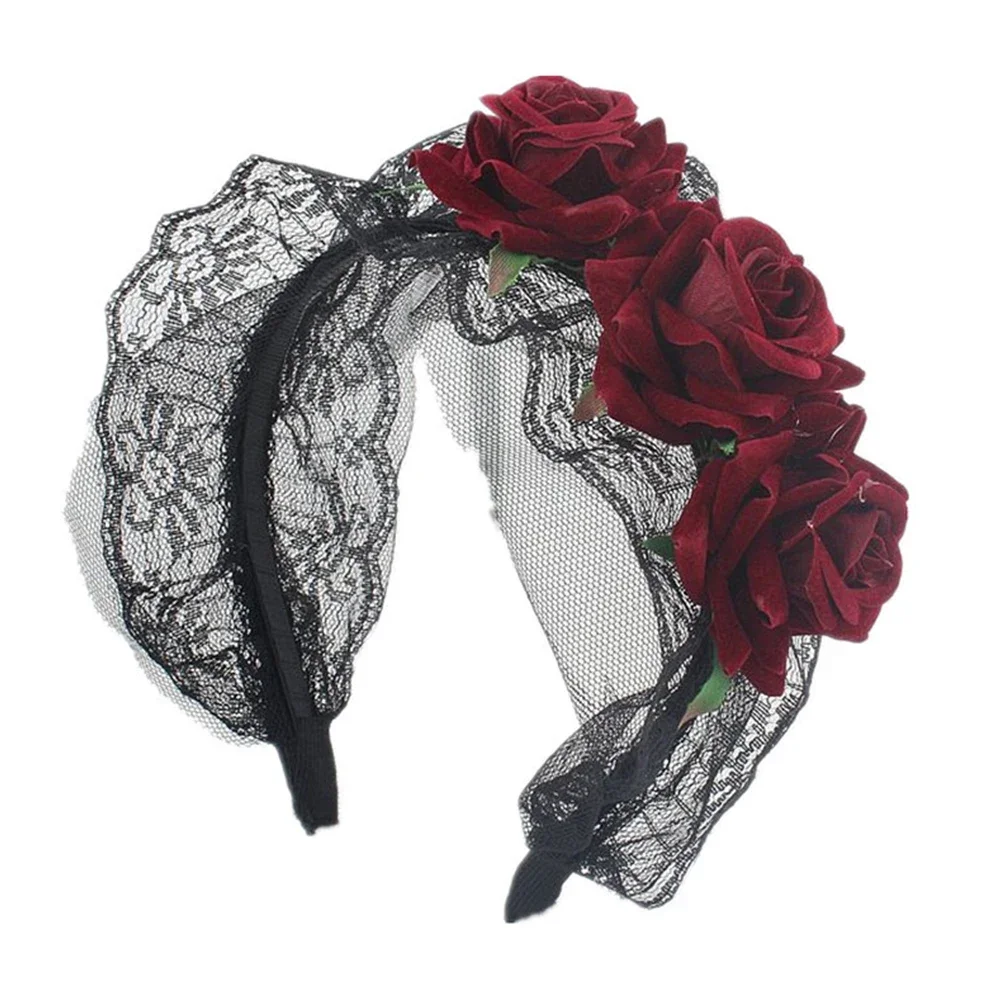 

Day Of The Dead Red Rose Flowers Headdress Vintage Lady Halloween Headband Gothic Floral Lace Hair Band Cosplay Hair Accessory