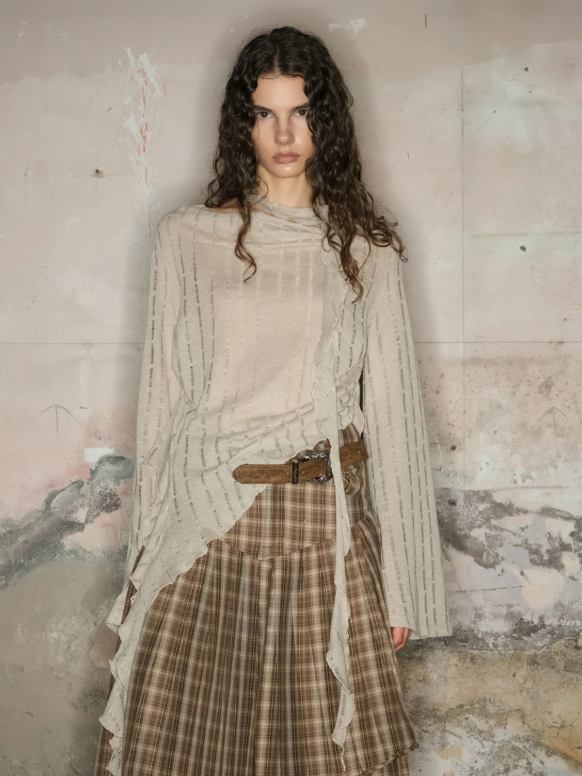 

Irregular Hem Knitwear with Lace Design Street Sle Soft Polyester Fiber Long Sve round Ne Casual Breathable Women's Top