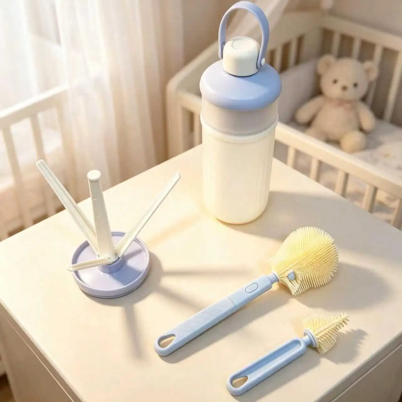 New 5‑in‑1 Portable Baby Bottle Brush Set with Drying Rack, Comes with 100ml Milk Powder Storage Container