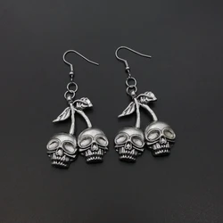 Skull Cherry Earrings Skulls Earrings Silver Plated Huggie Hoops Dangle Witchy Halloween Jewelry Pagan Wiccan Tarot Gothic Emo