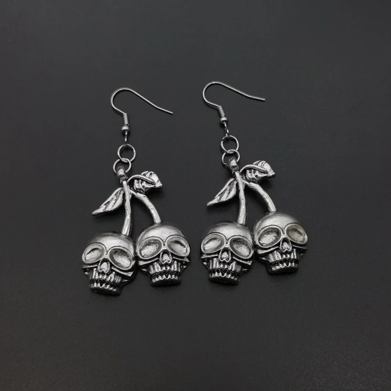 Skull Cherry Earrings Skulls Earrings Silver Plated Huggie Hoops Dangle Witchy Halloween Jewelry Pagan Wiccan Tarot Gothic Emo