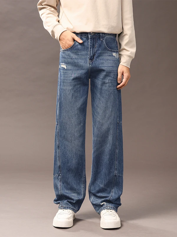 Loose Straight Leg Men's Jeans  Ripped Casual Wear Spring Autumn Versatile Durable mid Waist Button Fly Denim Jeans