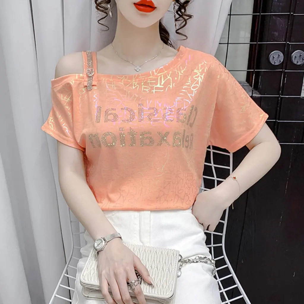 

Women's Shoulder Short-Sleeved T-shirt Summer Loose Fit Chic Top Design Sense Niche Heavy Industry Trendy Drill Detail