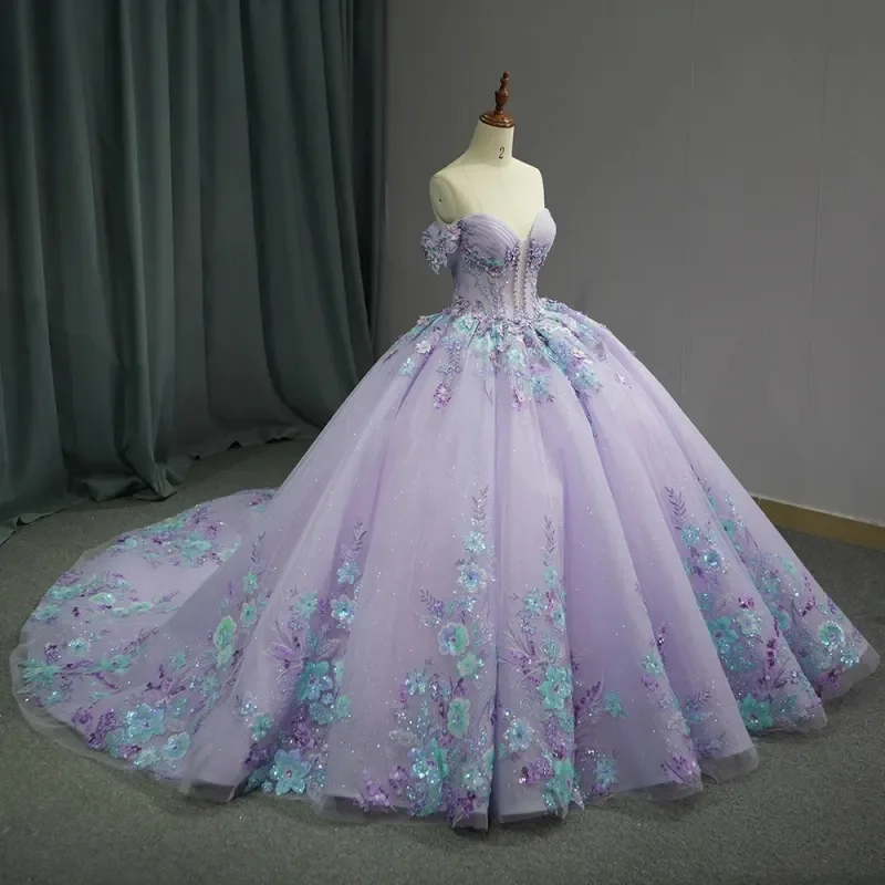 Vestidos de Quinceañera Lila Brillante con Escote Corazón, Lentejuelas de Cristal y Apliques de Encaje, Vestido de Gala de Tul, Vestidos de 15 Años, Vestido de Quinceañera
